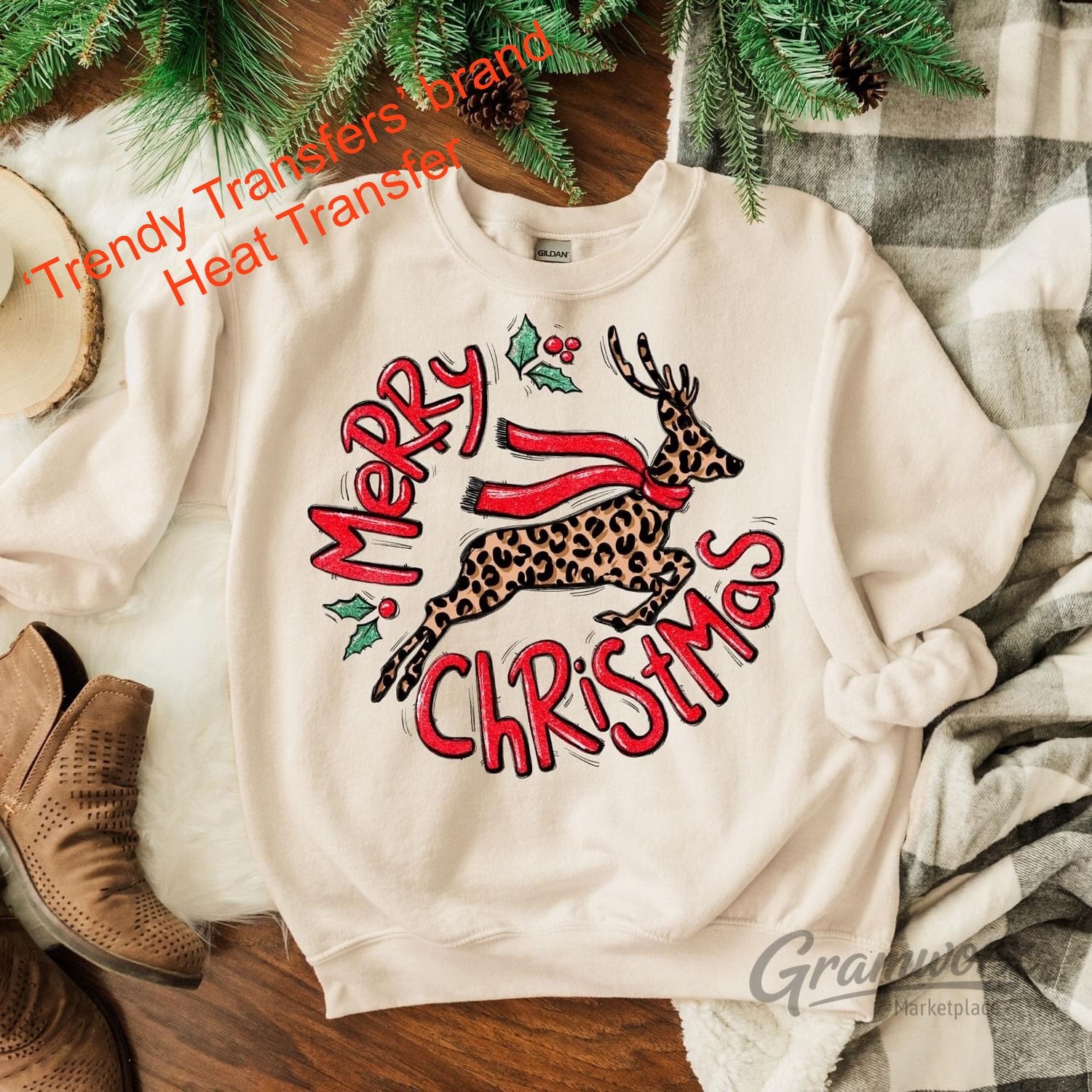 Merry Christmas Leopard Reindeer Screen Print Transfer