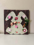 Handmade Easter Bunny Wall Decor – Rustic Spring Bunny Sign – Floral Design