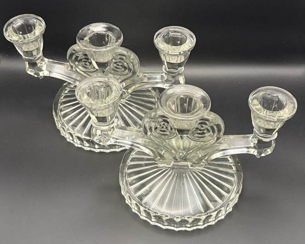 Vintage Jeannette Glass Cosmos Clear 3-Light Candelabra Pair MCM