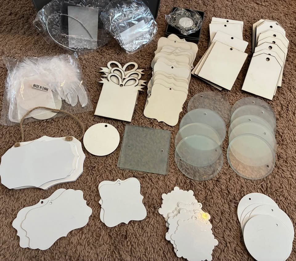 Sublimation Ornament & Ribbon Lot – Mixed Styles & Materials – Bulk Craft Blanks