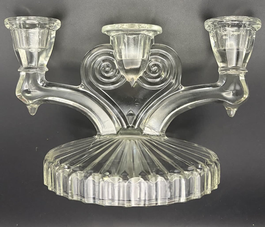 Vintage Jeannette Glass Cosmos Clear 3-Light Candelabra Pair MCM