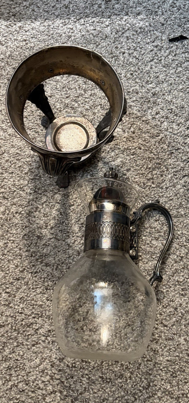 Victorian Silverplate Mounted Glass Claret Jug Pitcher w/ Detachable Stand