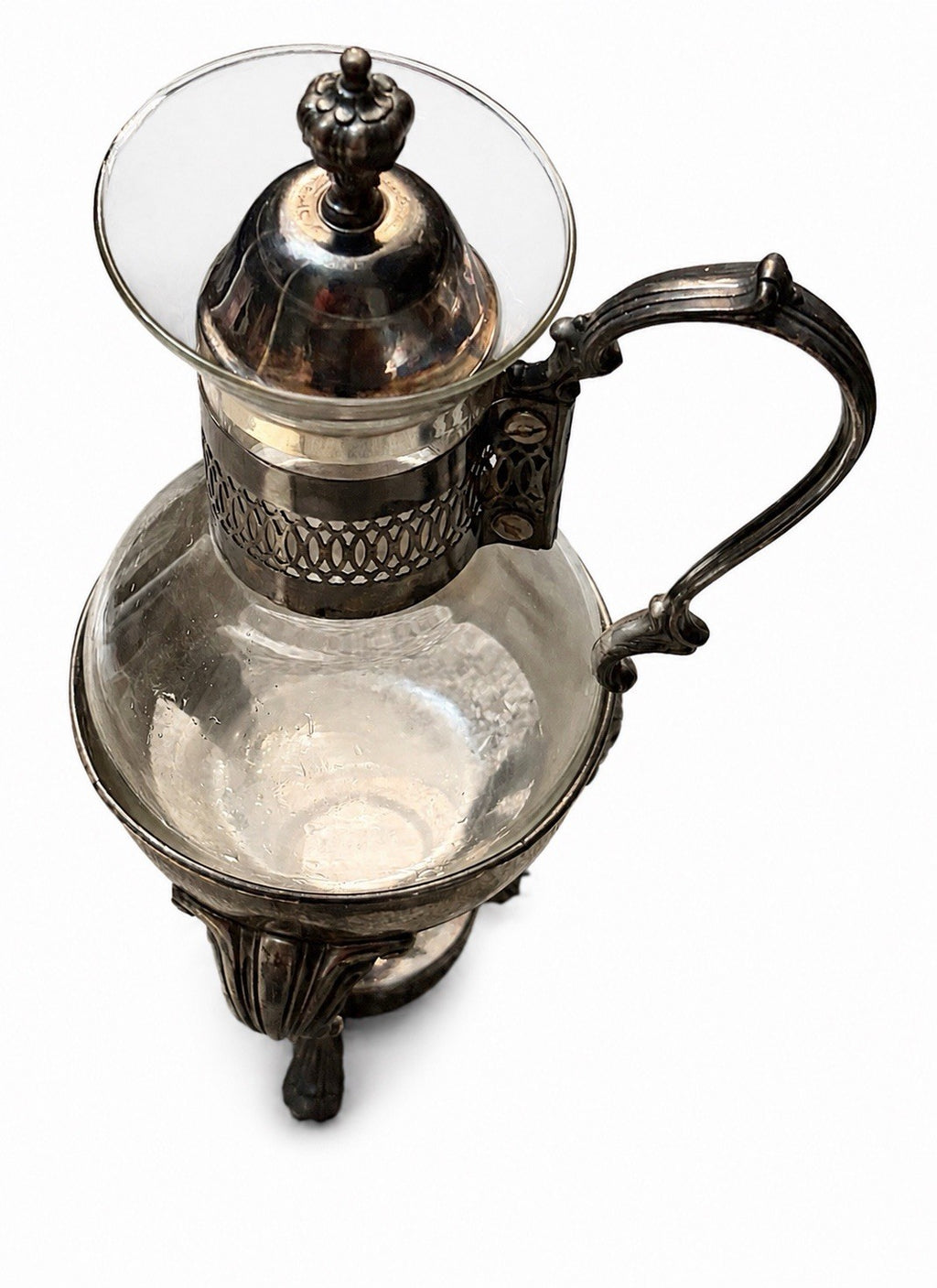 Victorian Silverplate Mounted Glass Claret Jug Pitcher w/ Detachable Stand