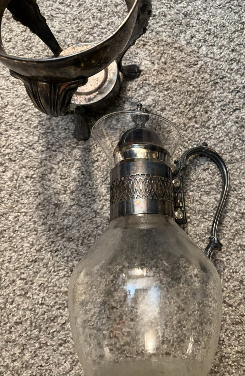 Victorian Silverplate Mounted Glass Claret Jug Pitcher w/ Detachable Stand