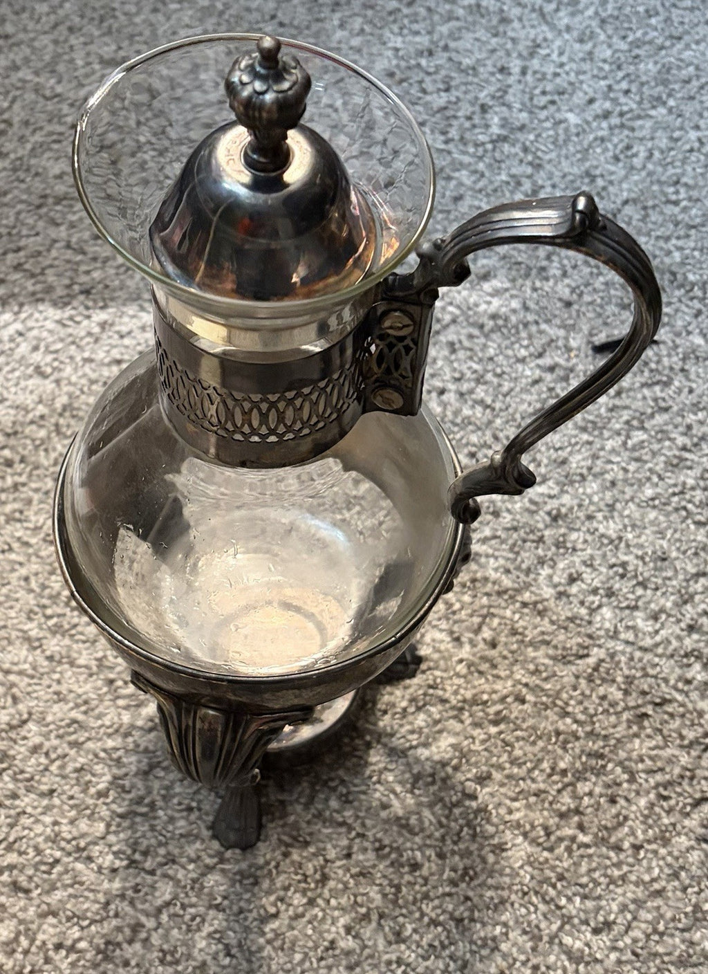 Victorian Silverplate Mounted Glass Claret Jug Pitcher w/ Detachable Stand