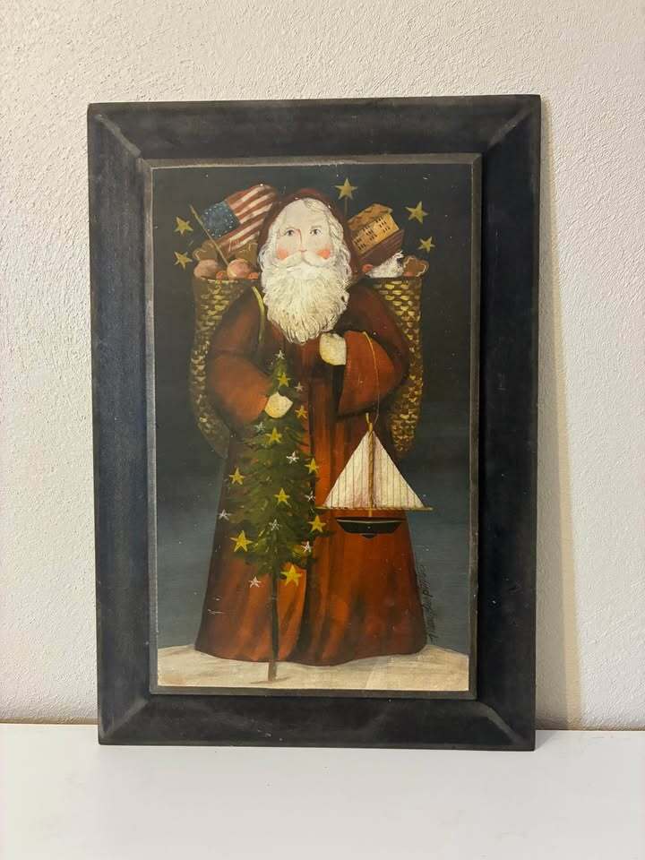 Vintage Santa Framed Wall Art – Rustic Christmas Decor