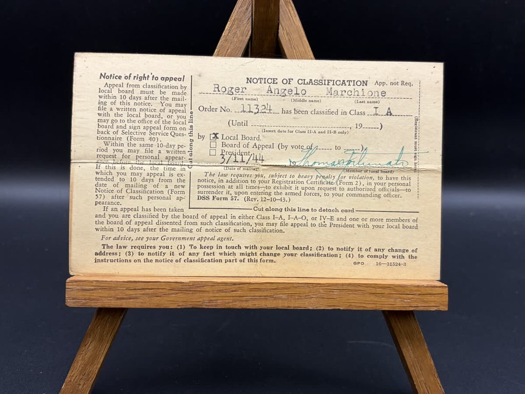 1944 WWII Selective Service Notice Classification I-A Buffalo NY Roger Marchione