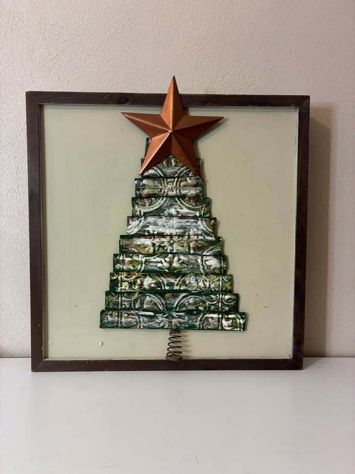 Handmade Framed Metal Christmas Tree Wall Decor – Rustic Holiday Wall Art – Farmhouse