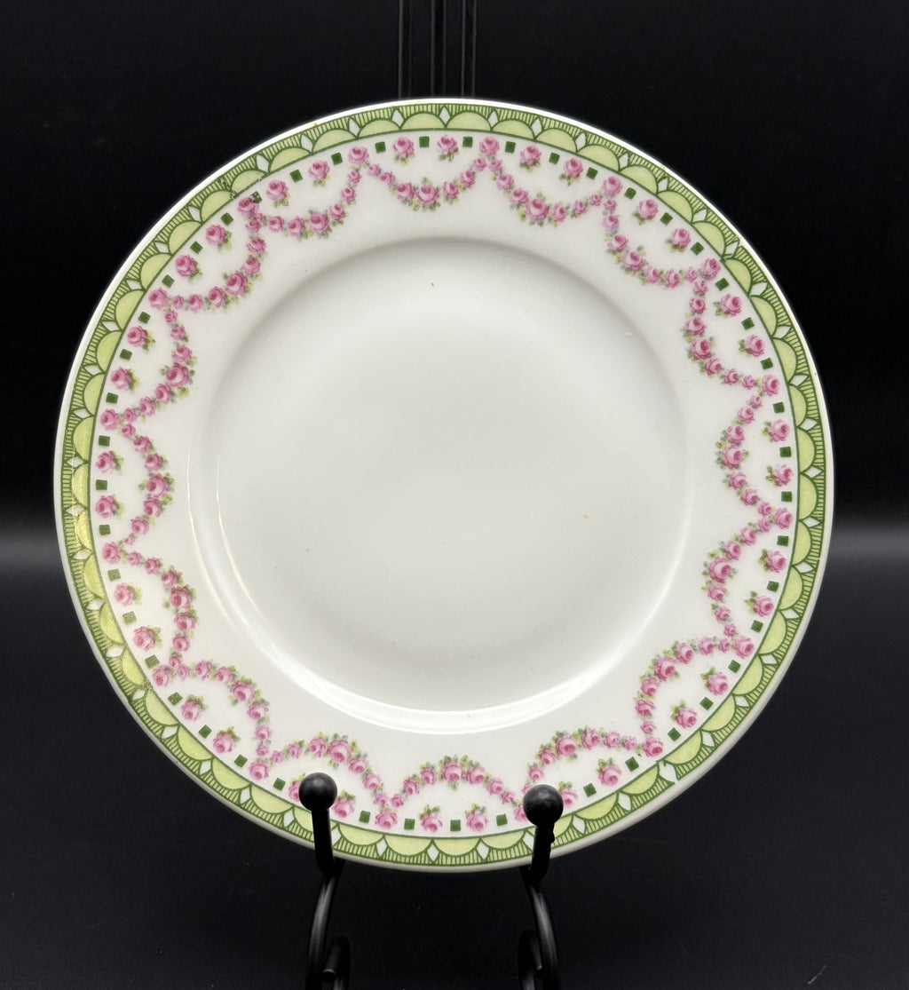Vintage German Porcelain Pink Rose Swag Plate Green Geometric Border Gilt Rim