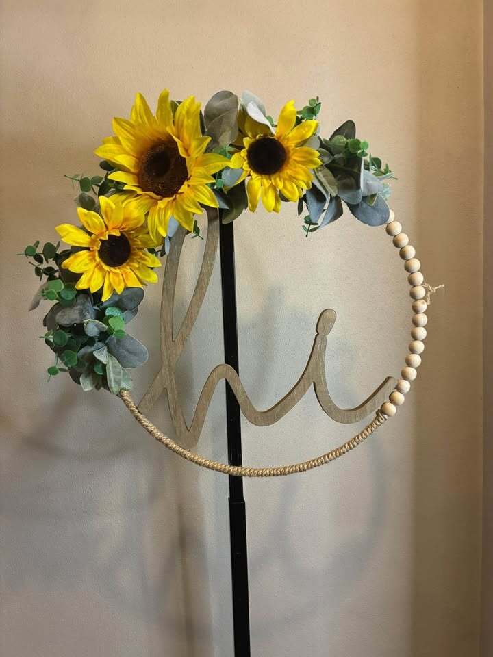 Handmade Sunflower Wooden Bead Hoop Wreath – Farmhouse Floral Door Decor
