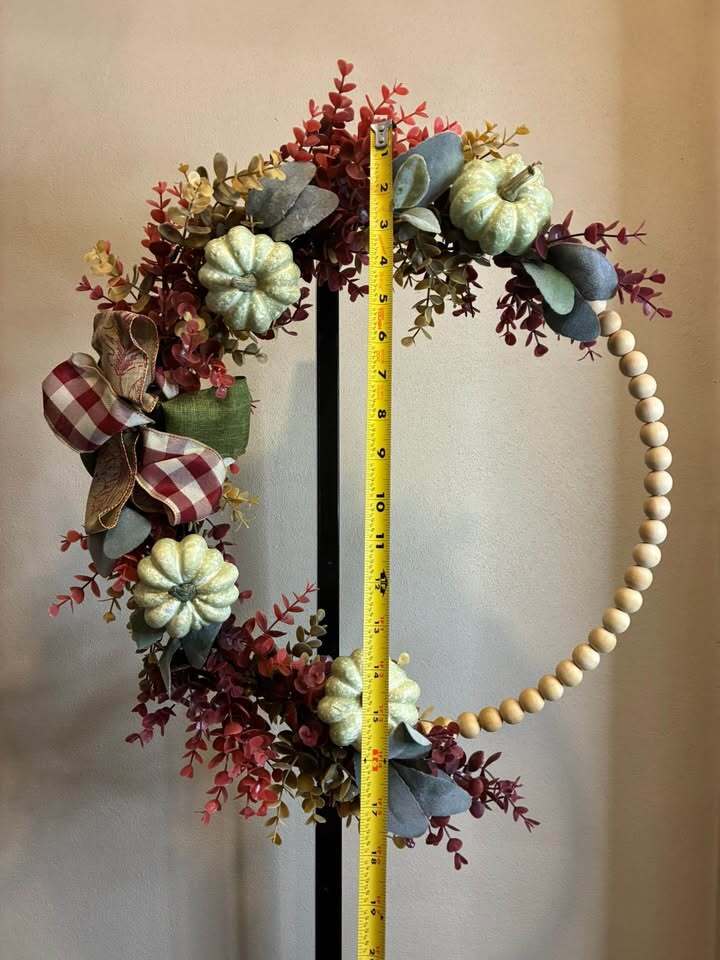 Handmade Fall Pumpkin Wooden Bead Hoop Wreath – Rustic Autumn Decor – Farmhouse