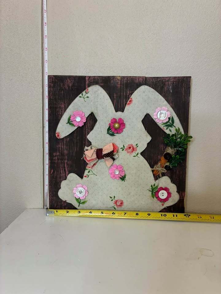 Handmade Easter Bunny Wall Decor – Rustic Spring Bunny Sign – Floral Design