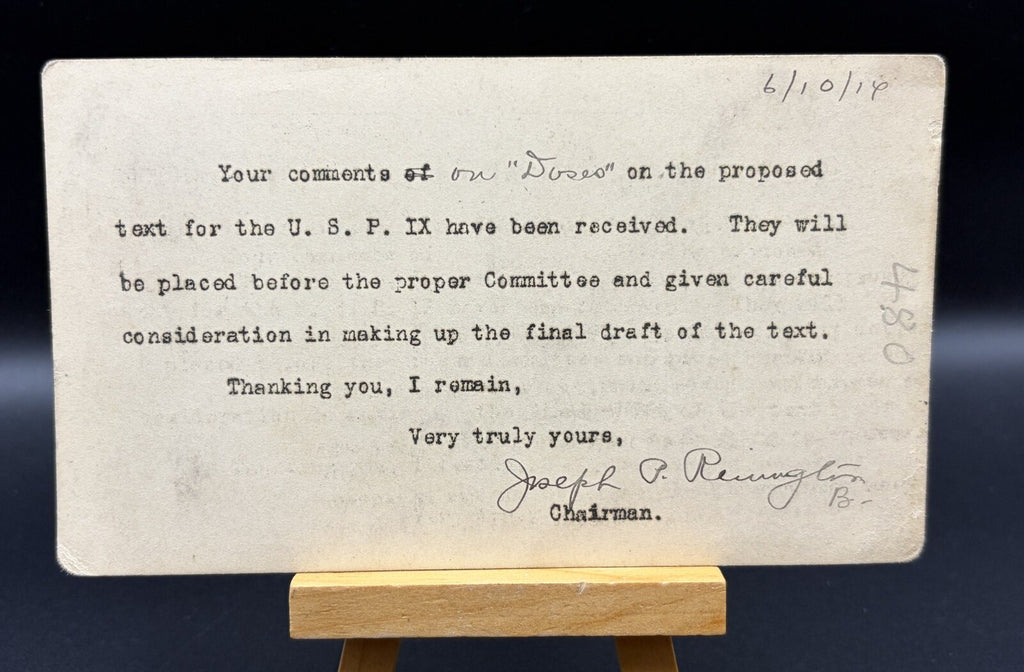 1914 Joseph P Remington USP IX Dose Revision Signed Postal Card Pharmacy