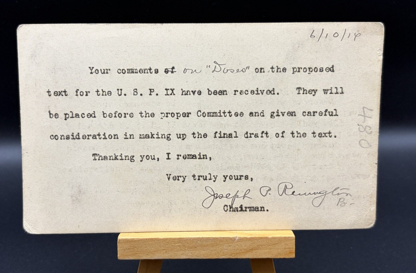 1914 Joseph P Remington USP IX Dose Revision Signed Postal Card Pharmacy