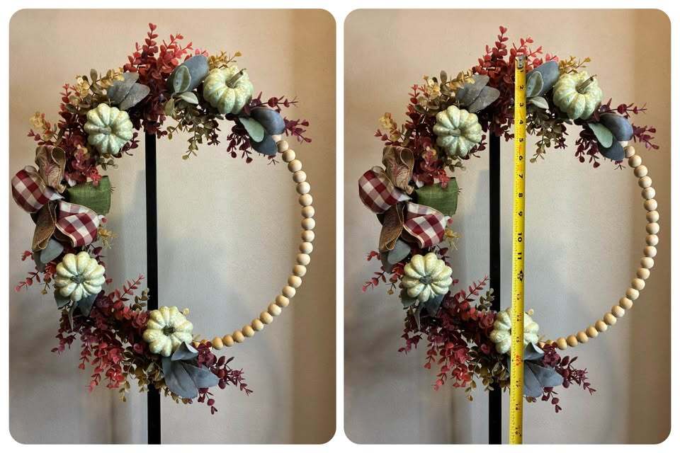 Handmade Fall Pumpkin Wooden Bead Hoop Wreath – Rustic Autumn Decor – Farmhouse