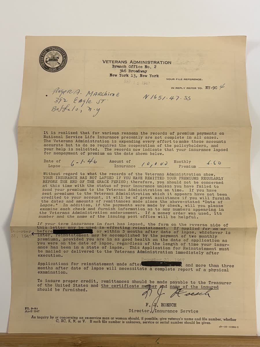 1947 Veterans Administration NSLI Reinstatement Letter Form - Roger Marchione