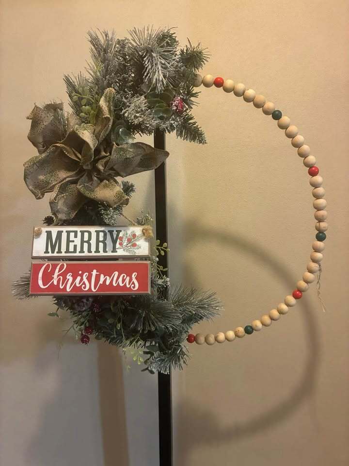 Handmade Beaded Christmas Hoop Wreath – Merry Christmas Holiday Decor – Farmhouse Style