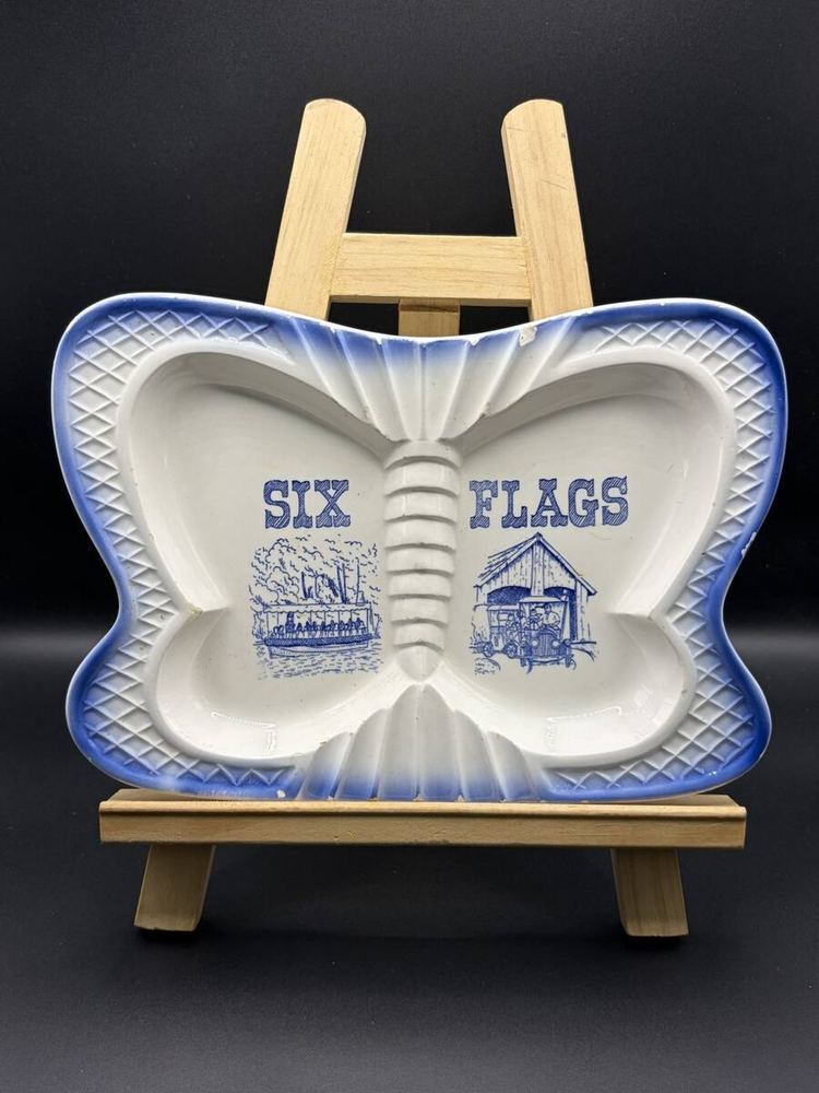 Six Flags Butterfly Shaped Ceramic Divided Ashtray Dish Souvenir