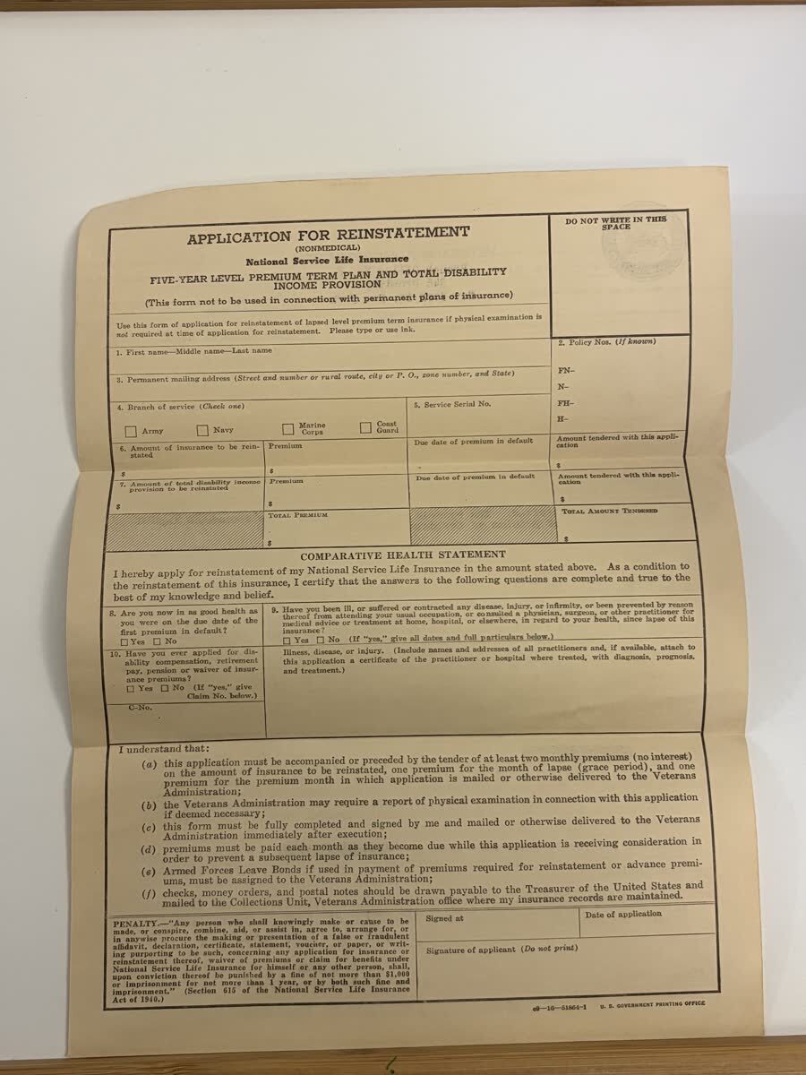 1947 Veterans Administration NSLI Reinstatement Letter Form - Roger Marchione