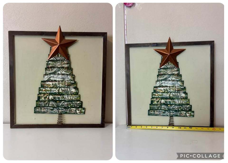 Handmade Framed Metal Christmas Tree Wall Decor – Rustic Holiday Wall Art – Farmhouse