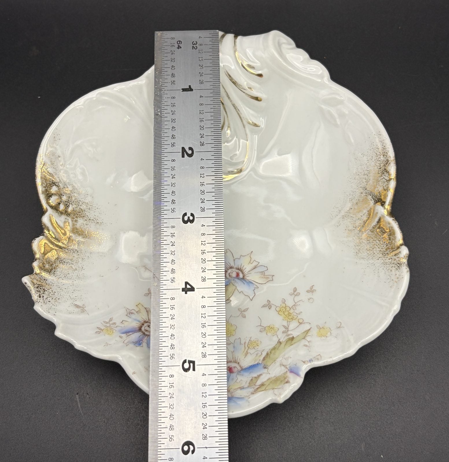Antique K Steinmann Tiefenfurt Dresden-Style Floral Gilt Porcelain Shell Dish 6"