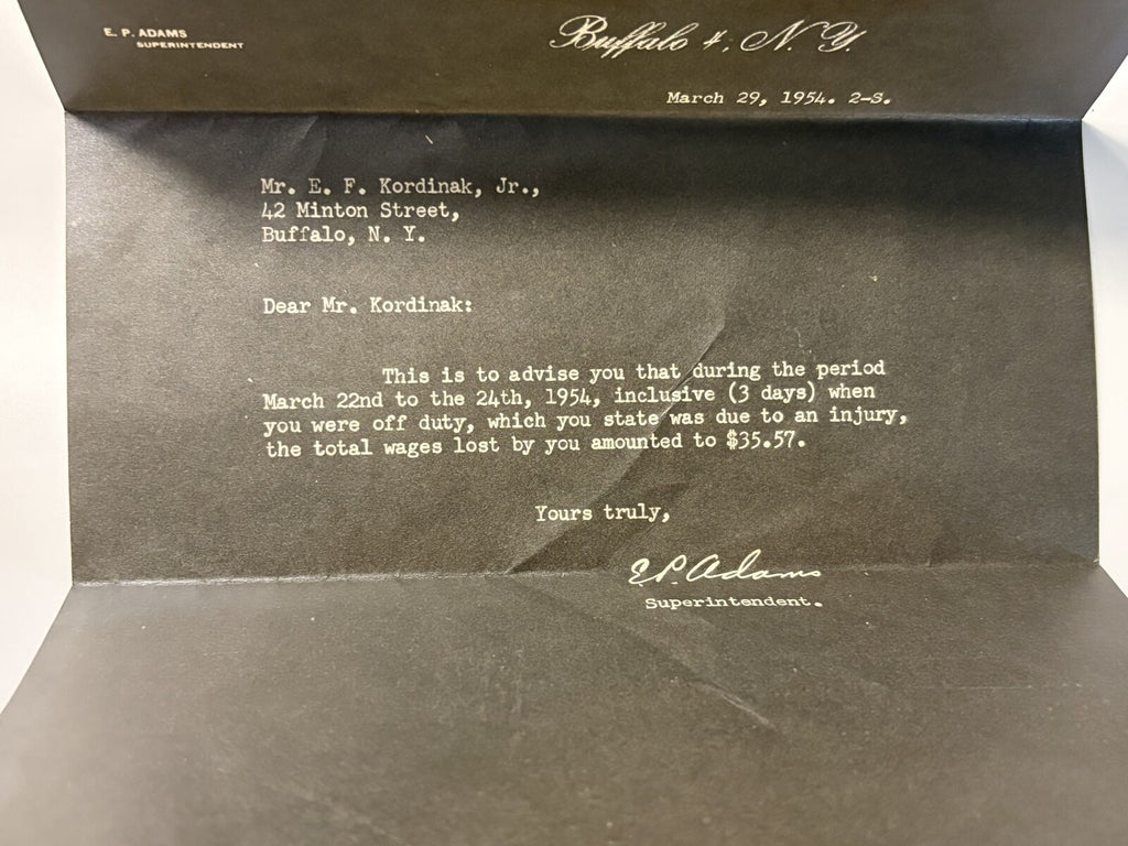 1954 Pennsylvania Railroad PRR Employee Injury Lost Wages Letter Buffalo NY