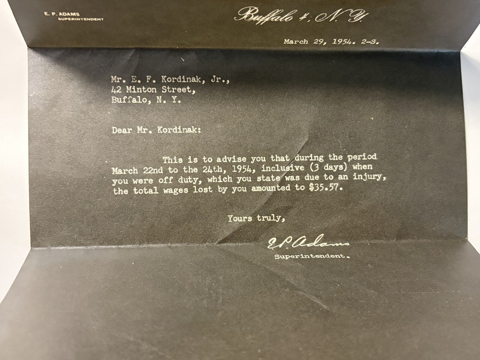 1954 Pennsylvania Railroad PRR Employee Injury Lost Wages Letter Buffalo NY