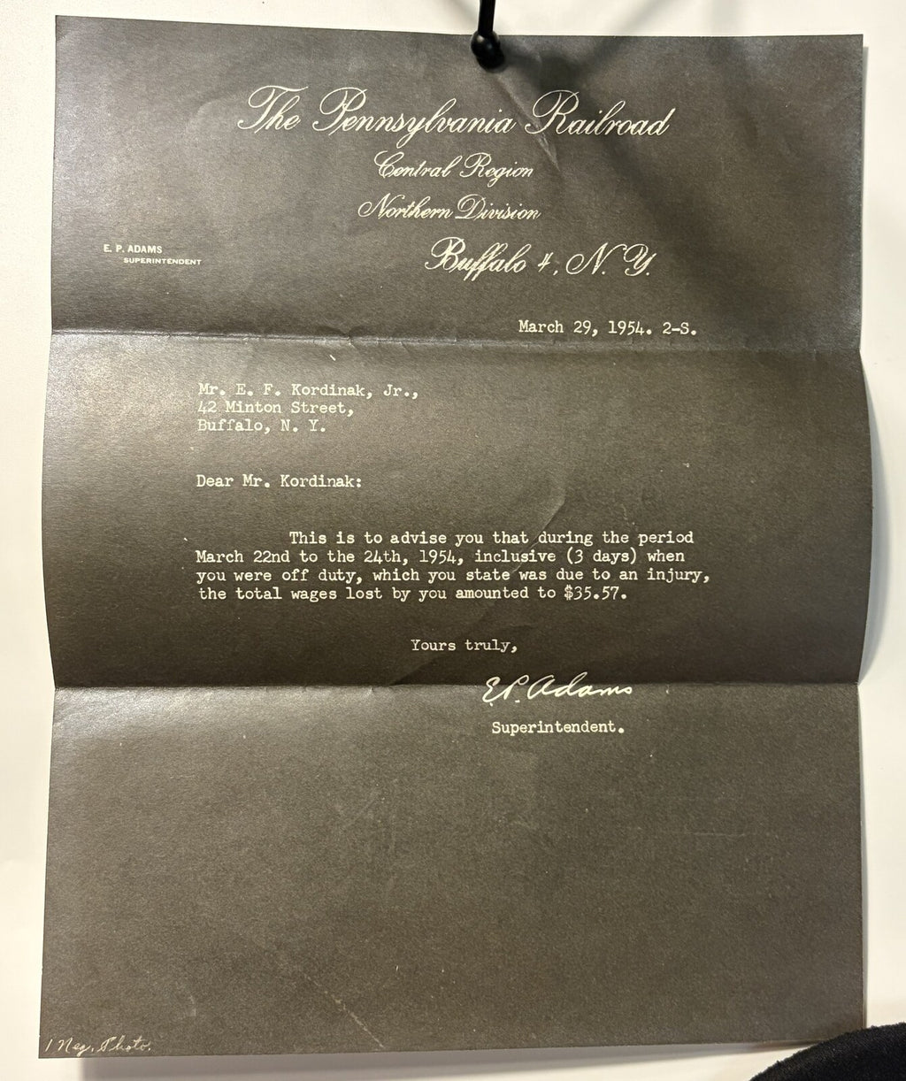 1954 Pennsylvania Railroad PRR Employee Injury Lost Wages Letter Buffalo NY