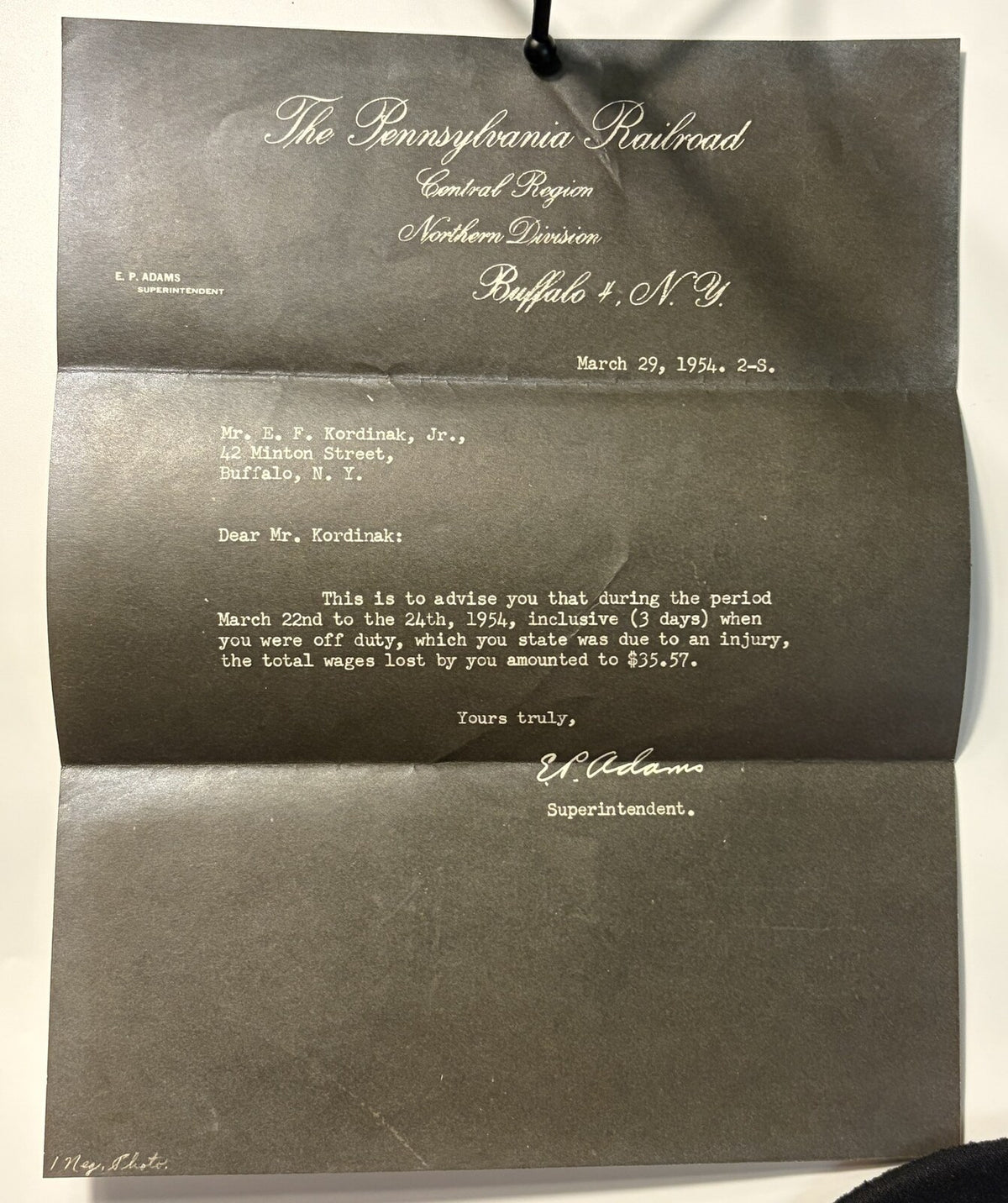 1954 Pennsylvania Railroad PRR Employee Injury Lost Wages Letter Buffalo NY