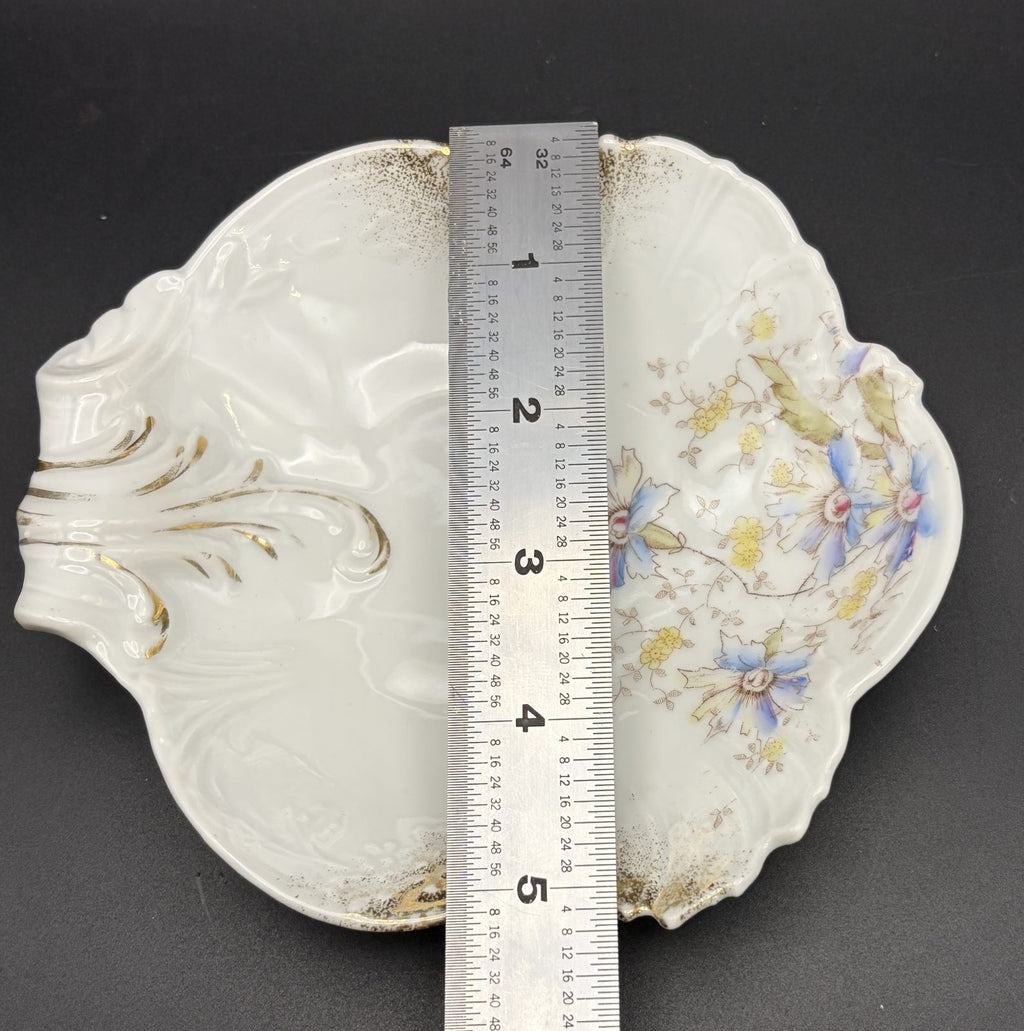 Antique K Steinmann Tiefenfurt Dresden-Style Floral Gilt Porcelain Shell Dish 6"