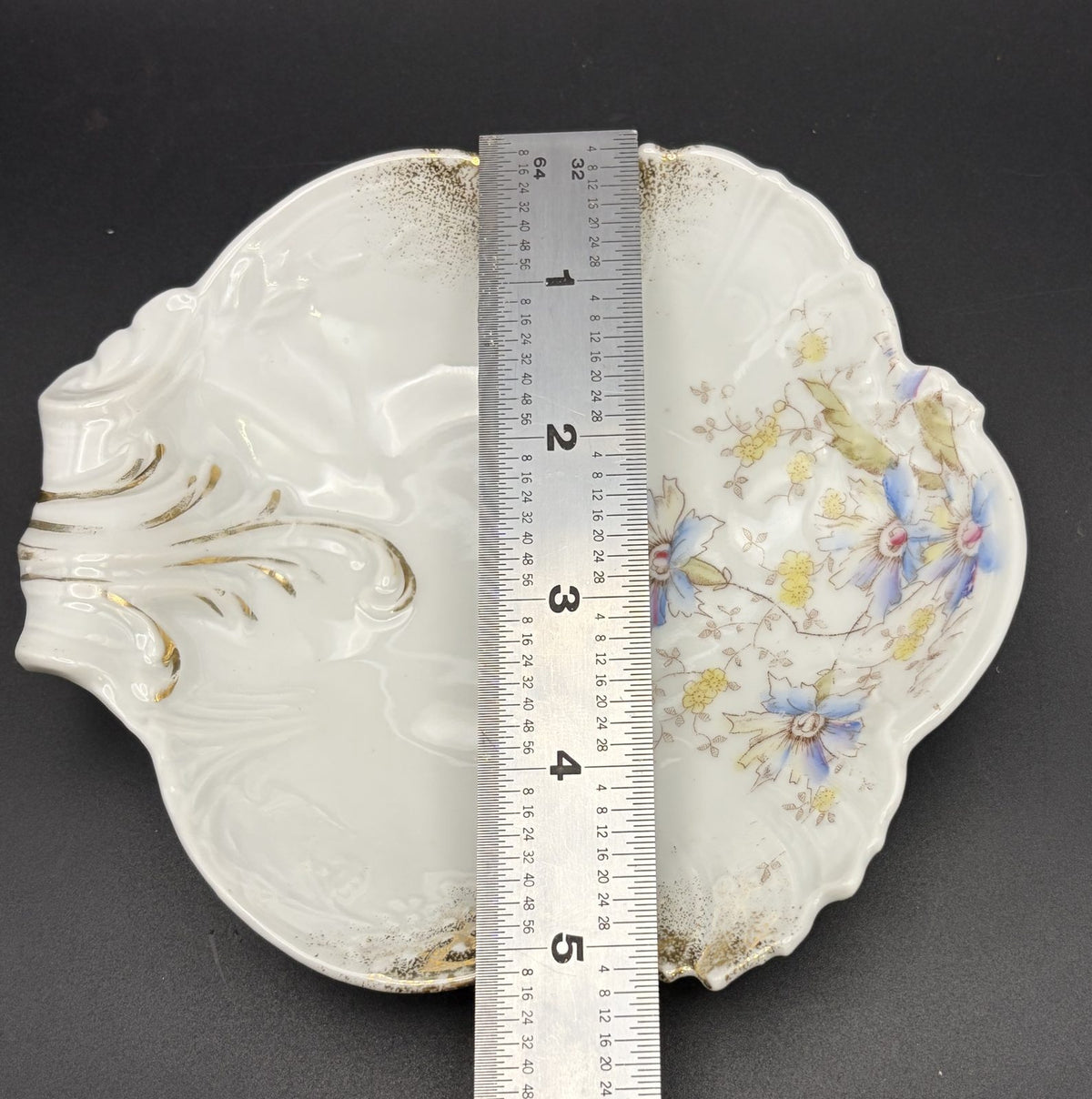 Antique K Steinmann Tiefenfurt Dresden-Style Floral Gilt Porcelain Shell Dish 6"