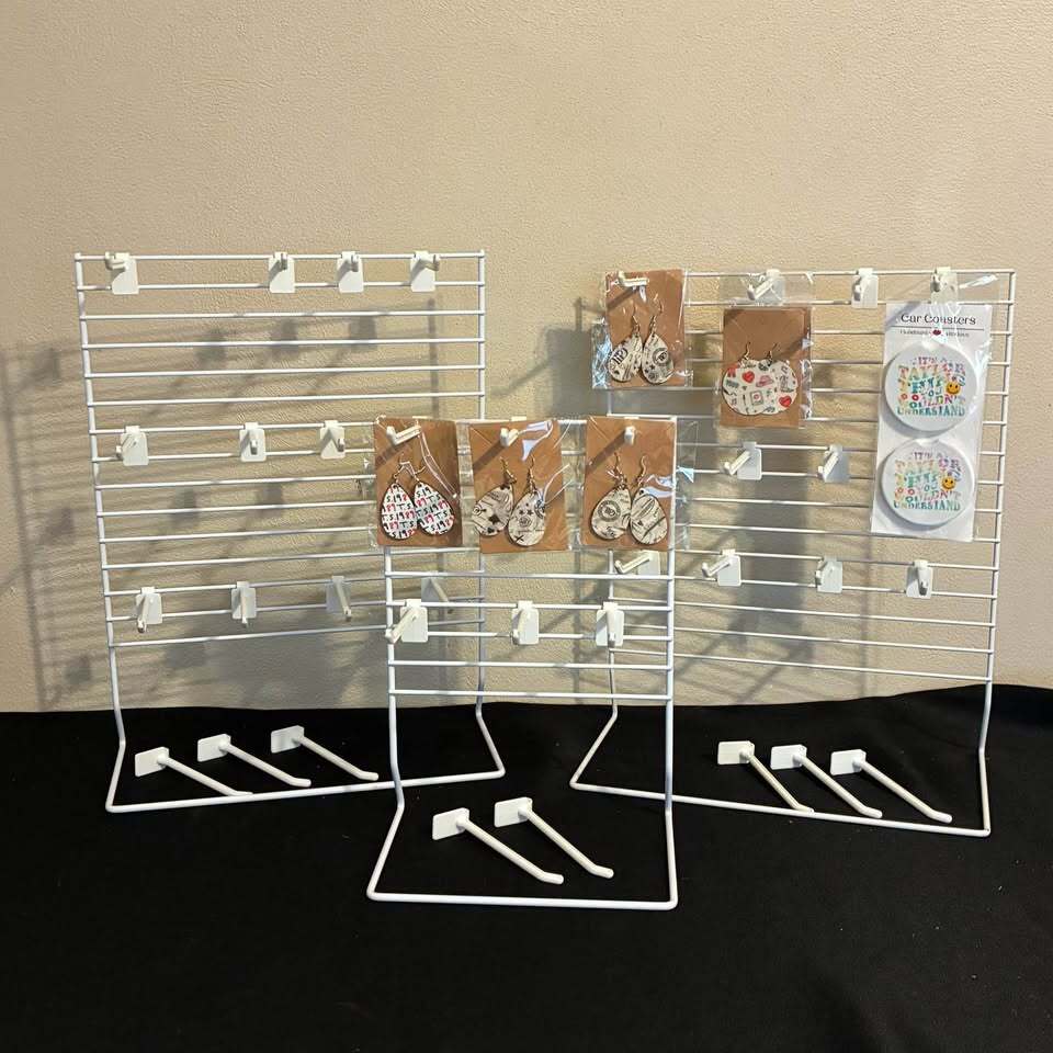 White Grid Jewelry Display Stands w/ Peg Hooks – 3 Piece Set (2 Medium + 1 Small)