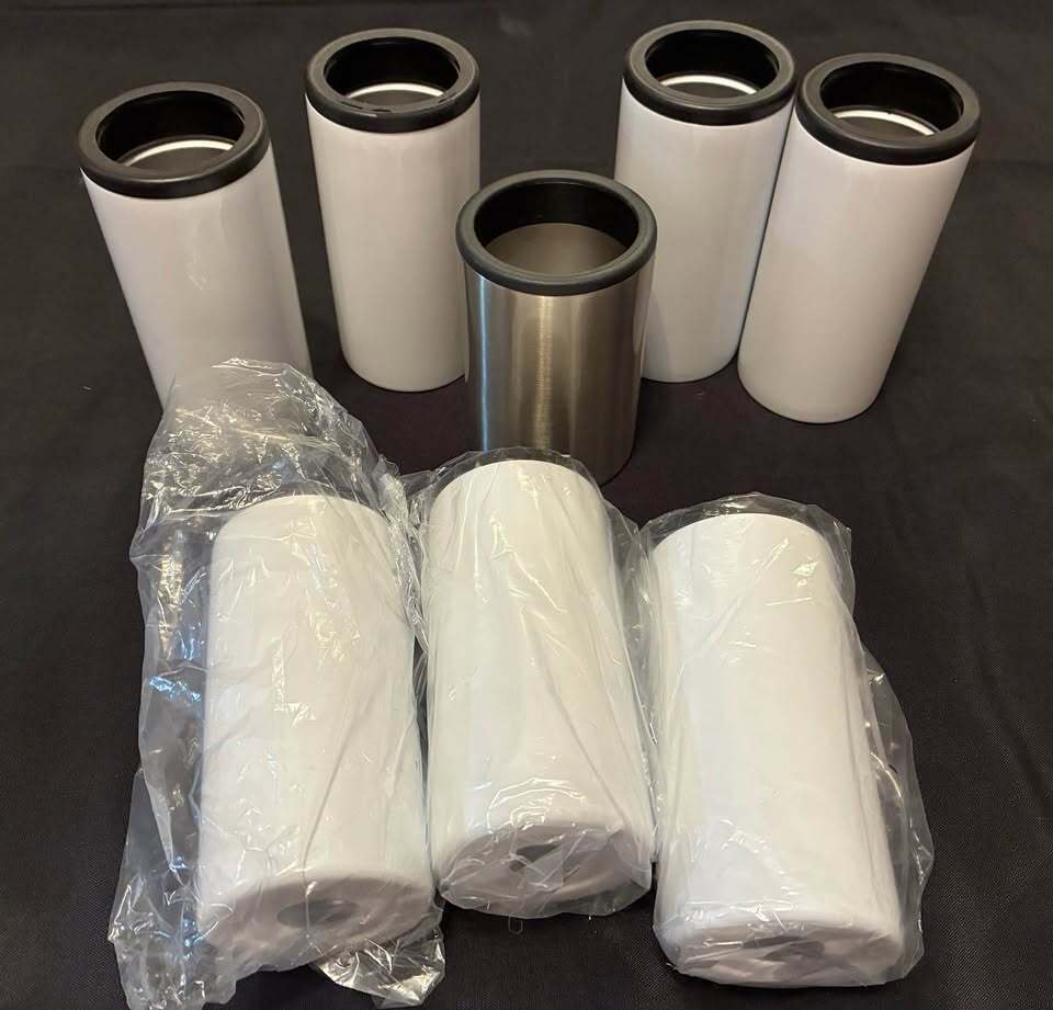 Sublimation Drinkware Lot – 6 Slim Can Coolers + 1 Regular Can Cooler + 1 Four-in-One Tumbler