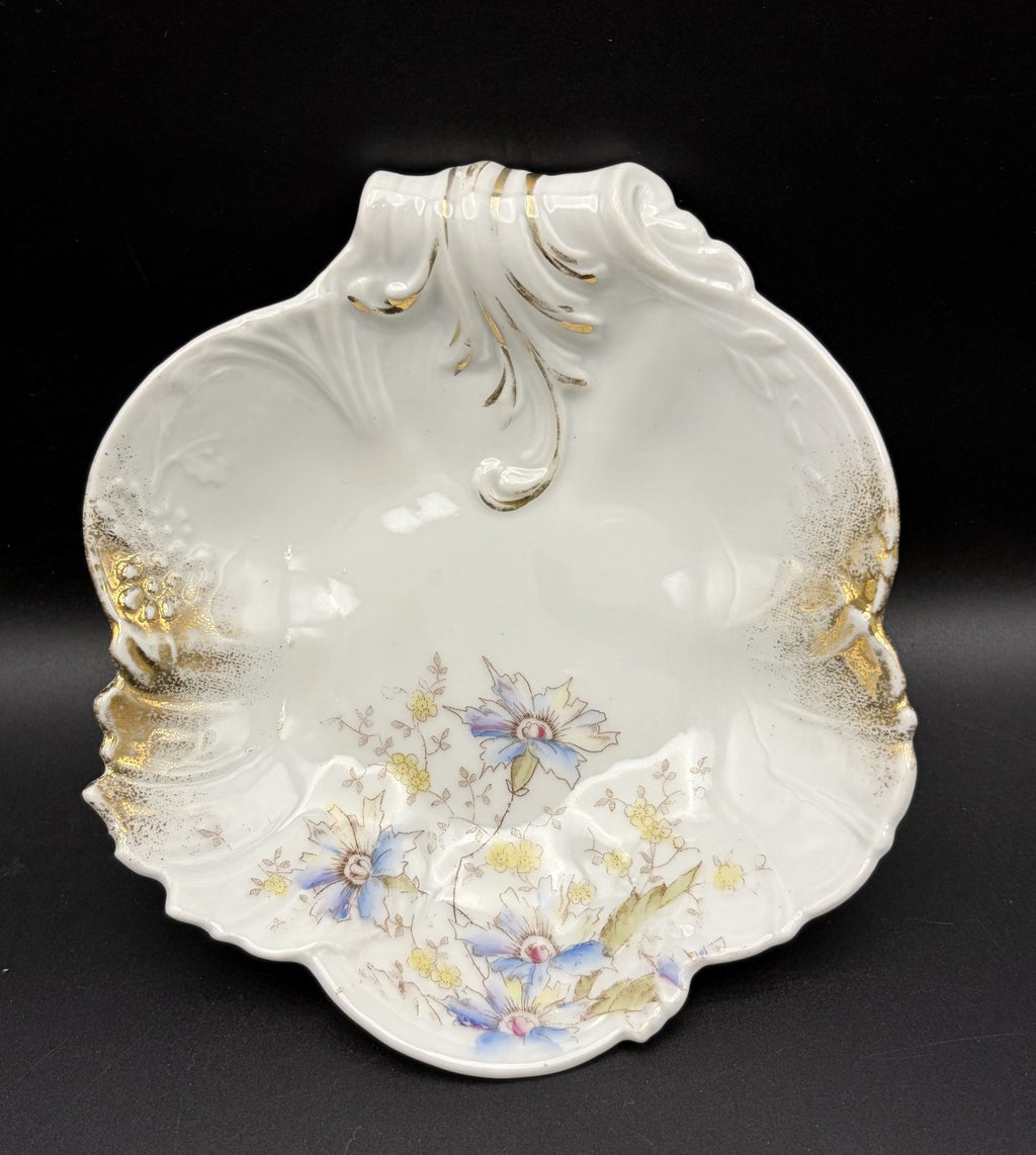 Antique K Steinmann Tiefenfurt Dresden-Style Floral Gilt Porcelain Shell Dish 6"