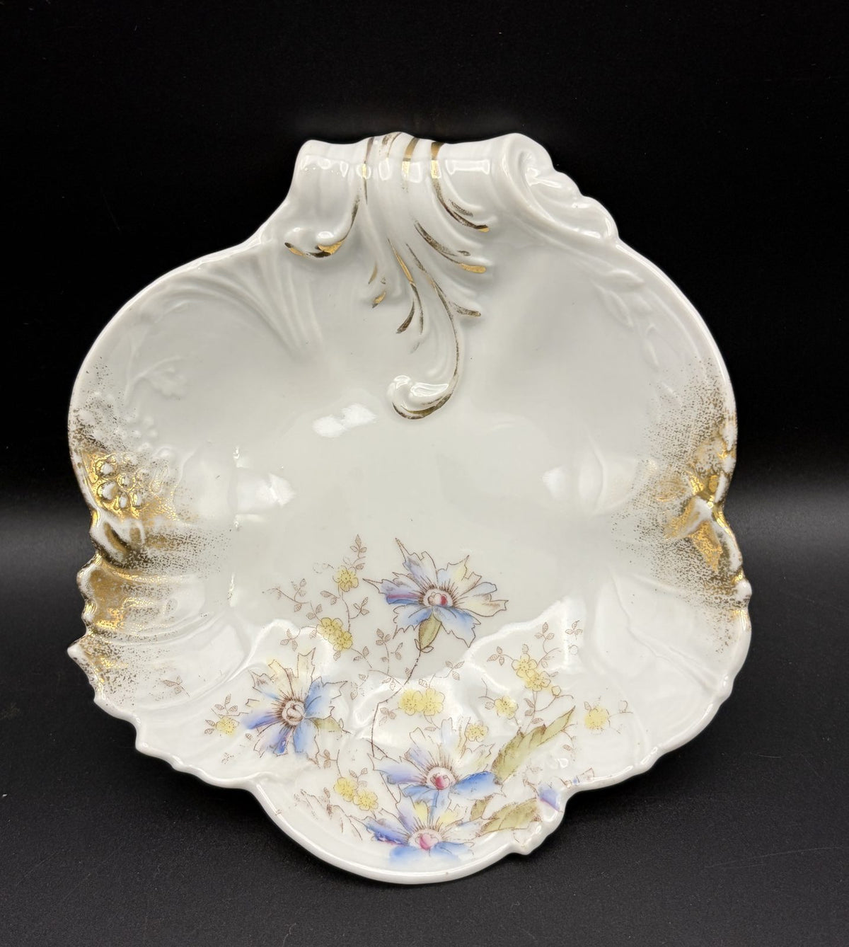 Antique K Steinmann Tiefenfurt Dresden-Style Floral Gilt Porcelain Shell Dish 6"