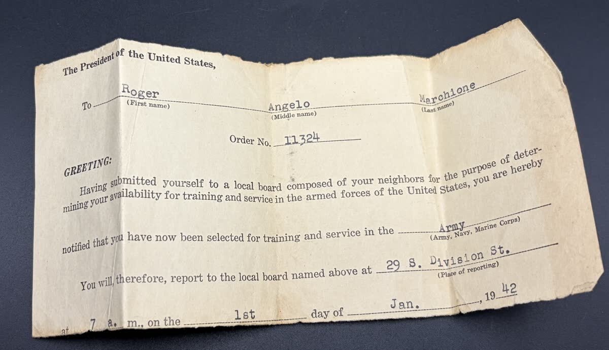 1942 WWII U.S. Army Induction Notice Roger Angelo Marchione Buffalo NY