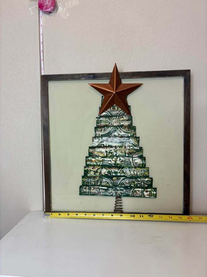 Handmade Framed Metal Christmas Tree Wall Decor – Rustic Holiday Wall Art – Farmhouse