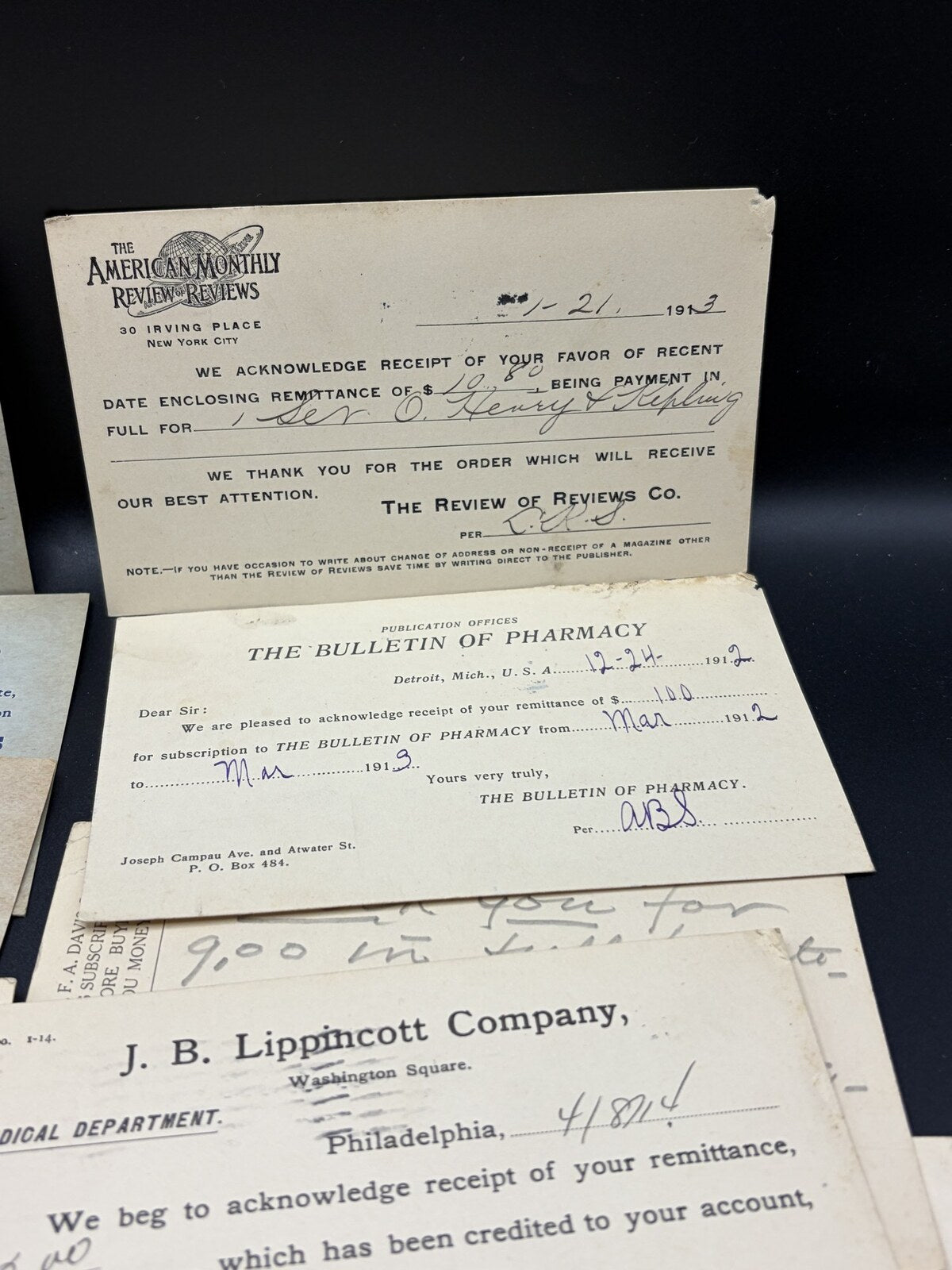 Antique Magazine Subscription Receipt Lot McClure Lippincott Ephemera