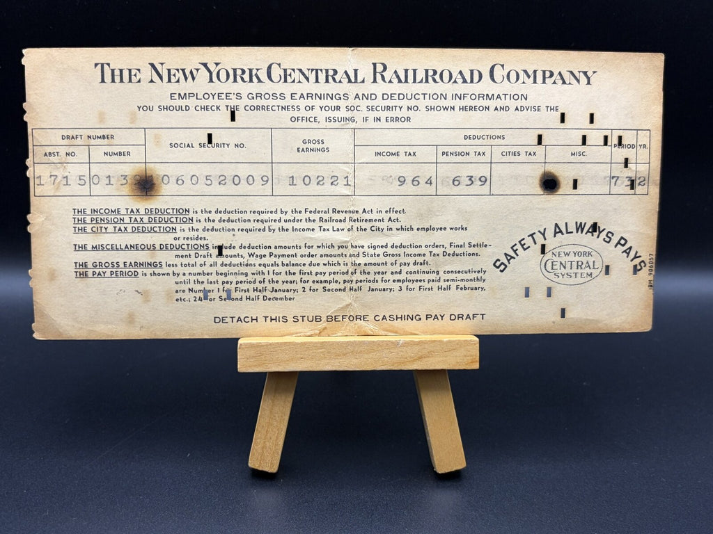 New York Central Railroad Employee Payroll Punch Card Safety Always Pays