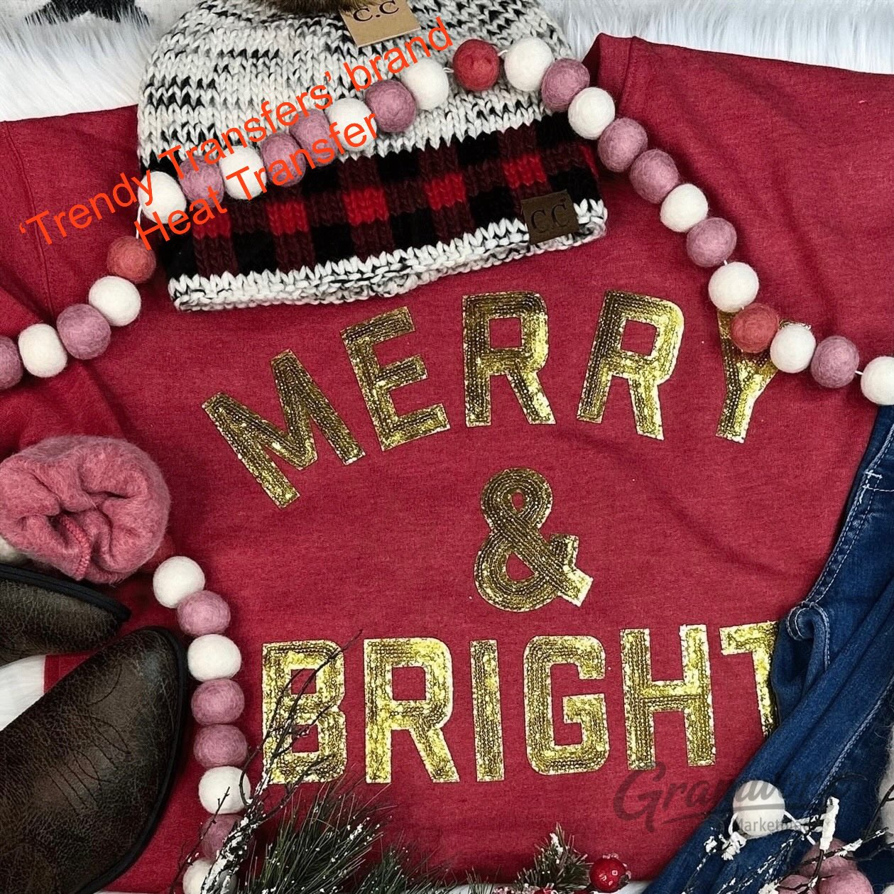 Merry & Bright Sequin Letters Screen Print Transfer