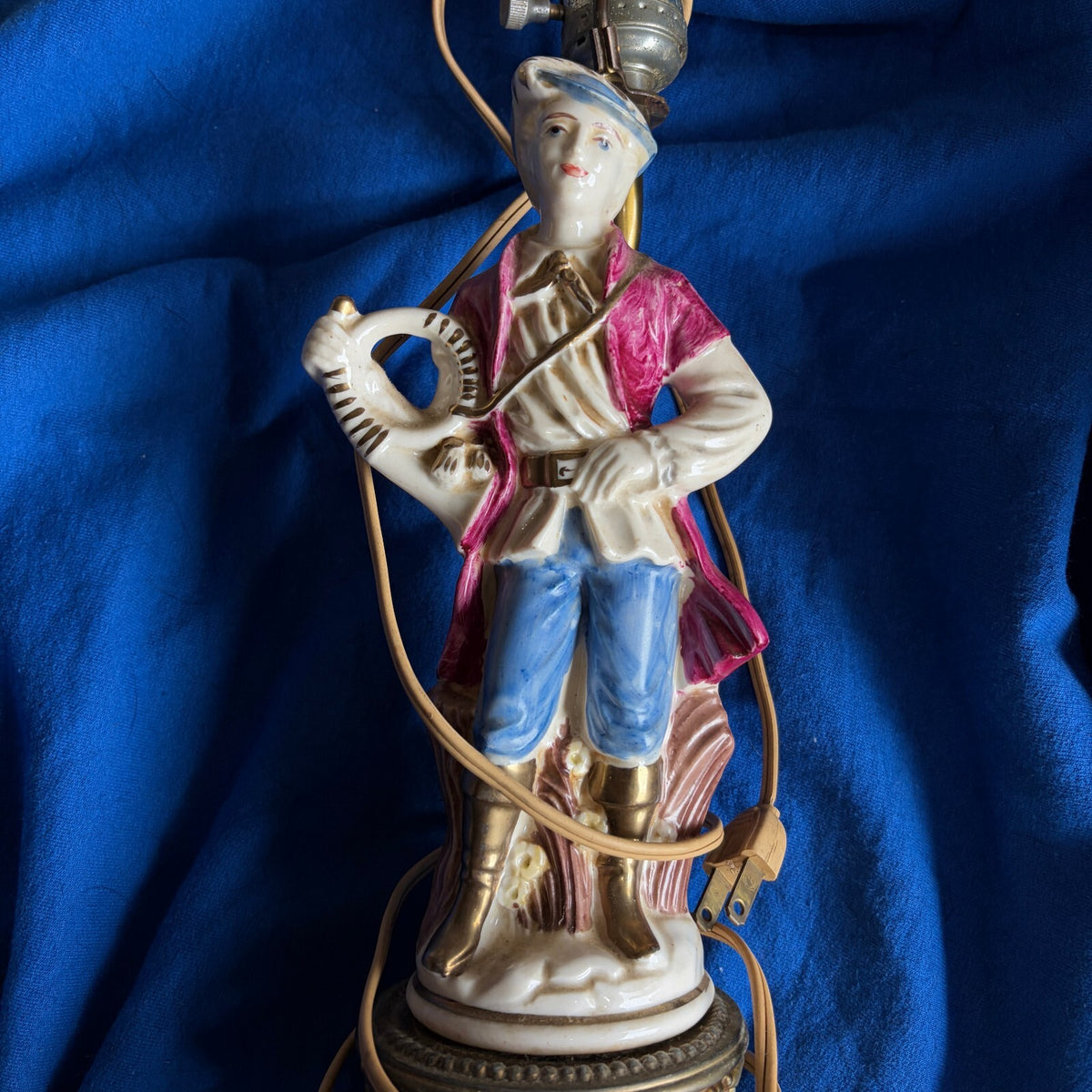 Vintage Porcelain Musician Horn Player Figural Table Lamp Ornate Brass Base