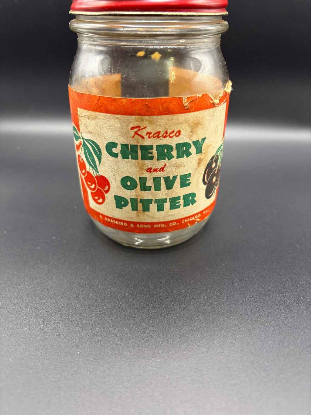 Vintage Krasco Cherry Olive Pitter Glass Jar Kitchen Tool