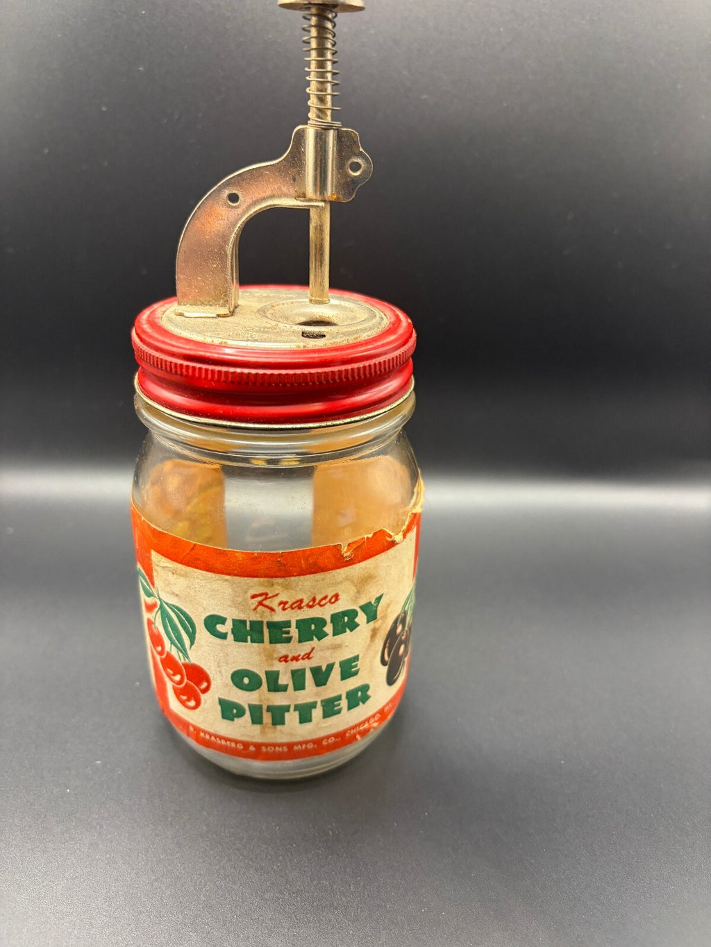 Vintage Krasco Cherry Olive Pitter Glass Jar Kitchen Tool