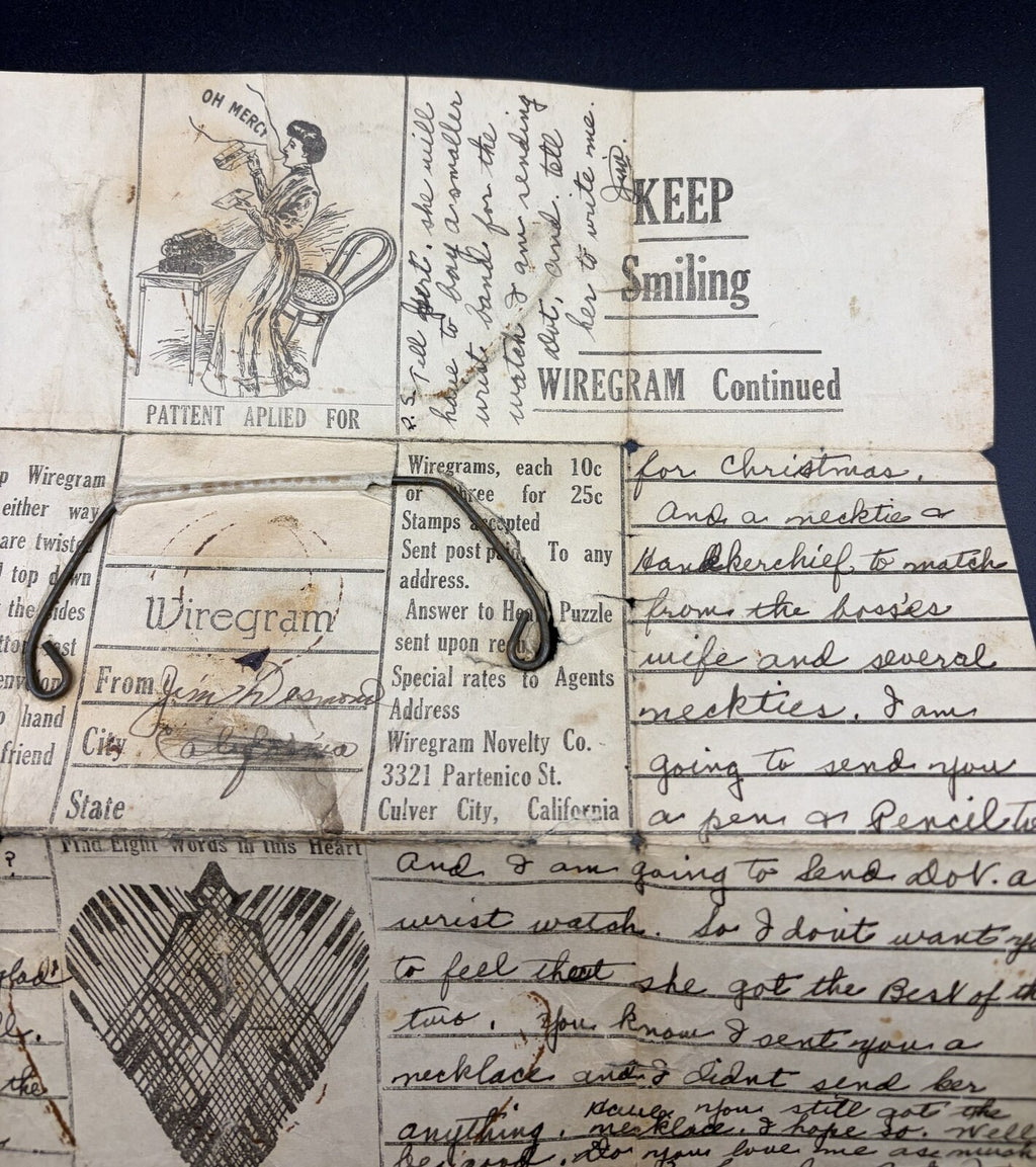 Vintage Wiregram Novelty Co Wire Letter Keep Smiling Culver City CA Ephemera