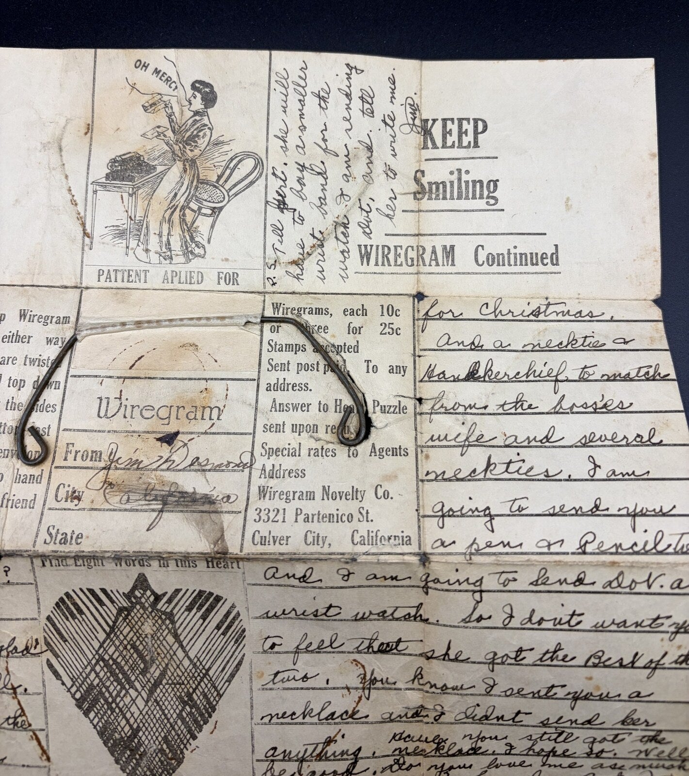 Vintage Wiregram Novelty Co Wire Letter Keep Smiling Culver City CA Ephemera