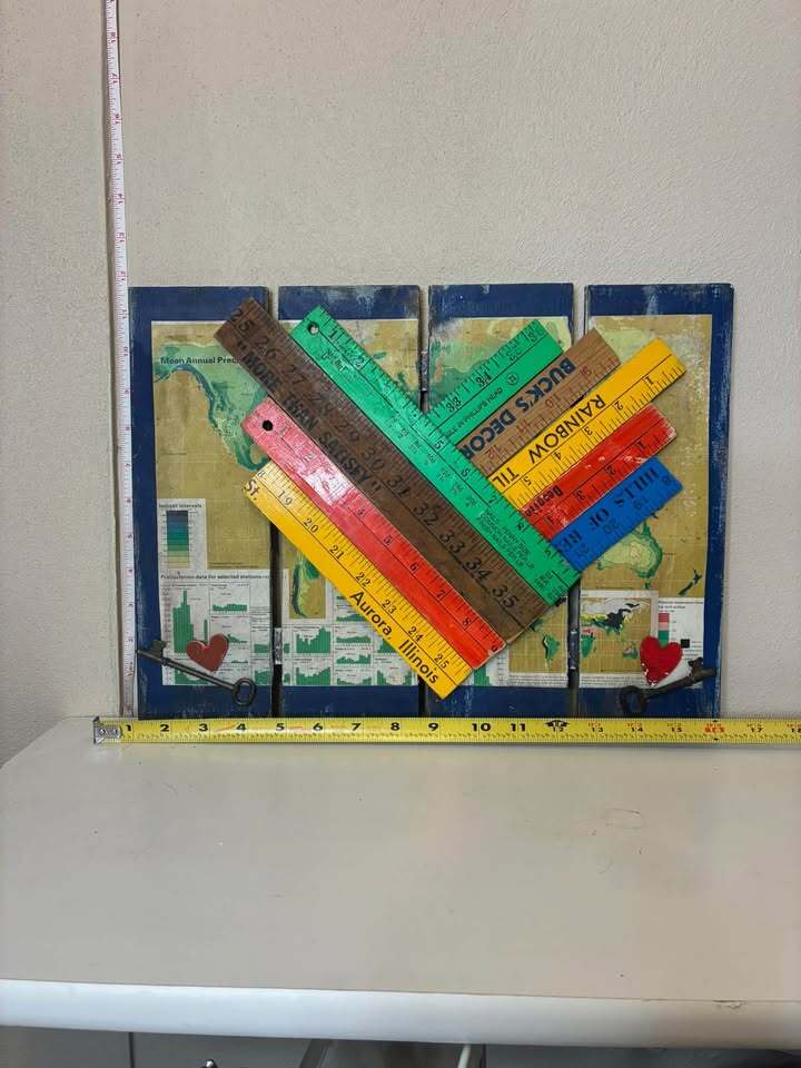 Handmade Vintage Ruler Heart Wall Art – Rustic Map Decor – Statement Piece