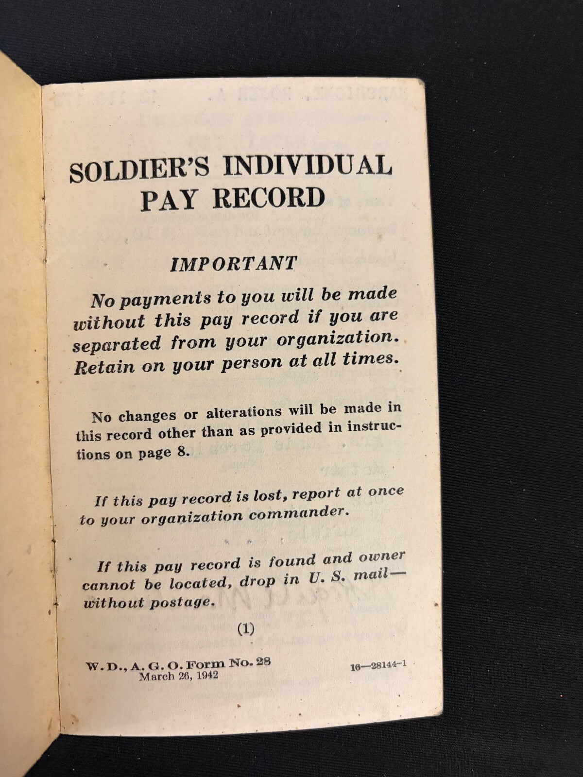 WWII 1942 US Army Soldier Pay Record Roger Marchione ASN 42118473 Original