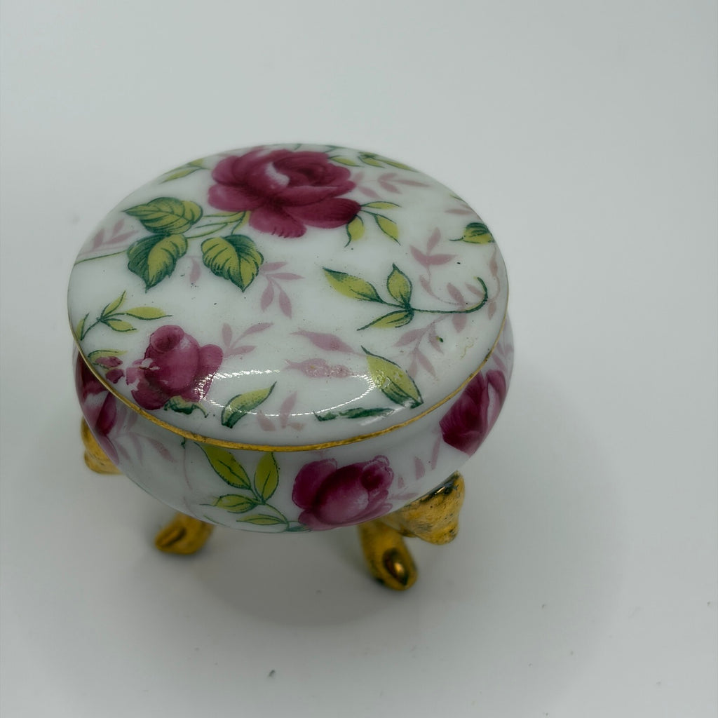 Pair Vintage Porcelain Rose Chintz Footed Trinket Boxes #1239 Gold Trim