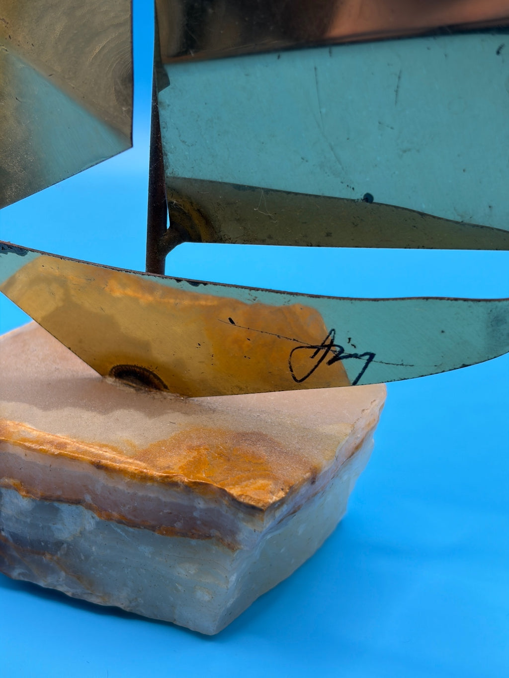 Vintage MCM Mario Jason Signed Brass Sailboat Sculpture – Onyx Base