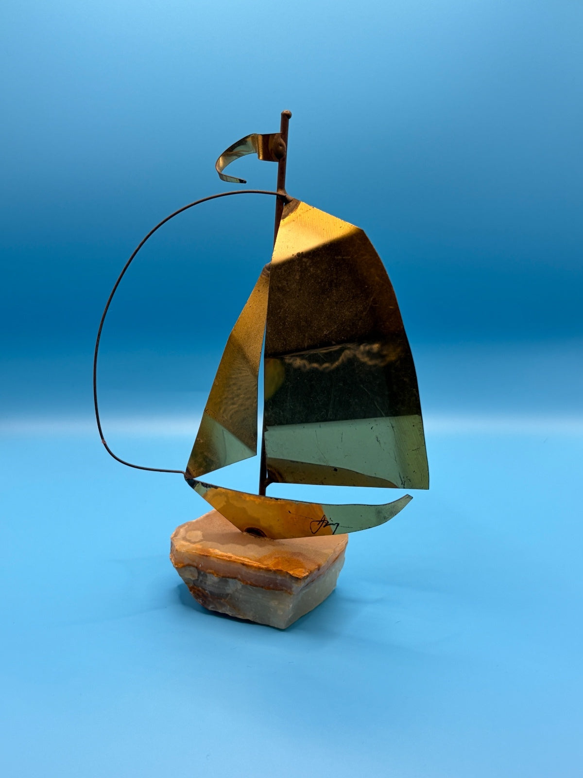 Vintage MCM Mario Jason Signed Brass Sailboat Sculpture – Onyx Base